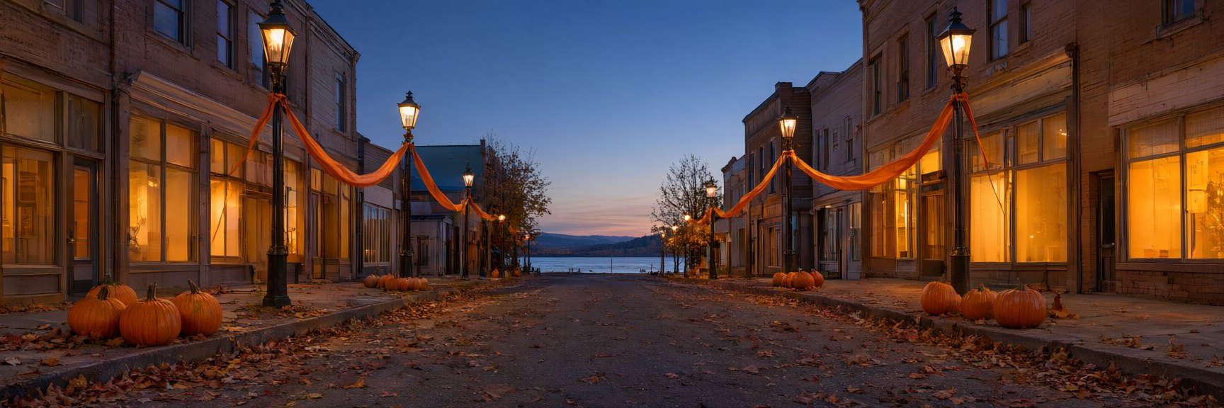 Pumpkins and orange garlands along a main street at dusk