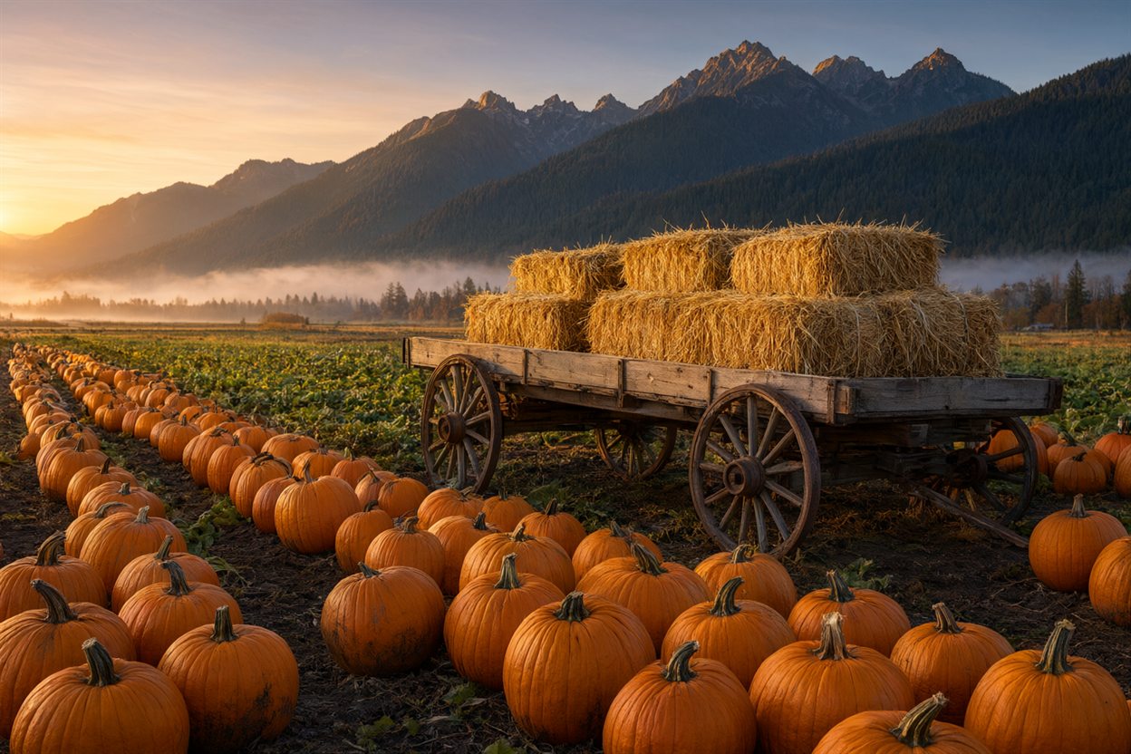 Rows of pumpkins and a hay wagon in a Fraser Valley field below forested mountains