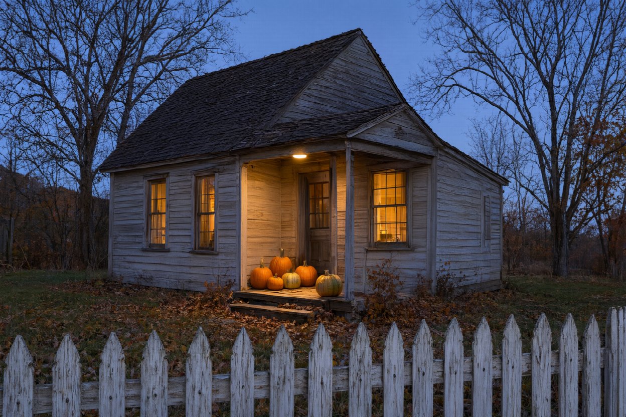 A heritage cottage with pumpkins on the porch behind a white picket fence