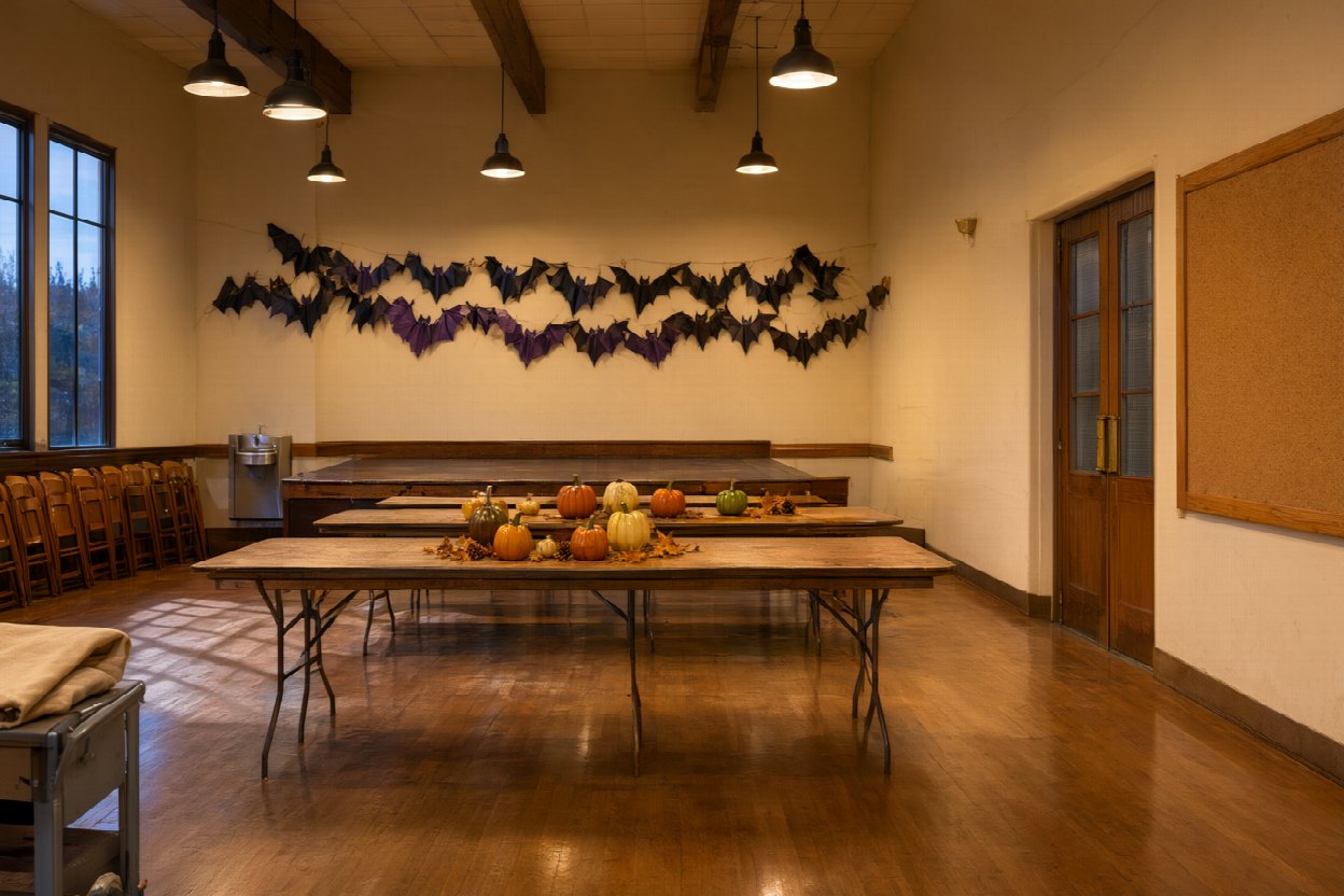 A community hall with paper bats on the wall and pumpkins on the tables