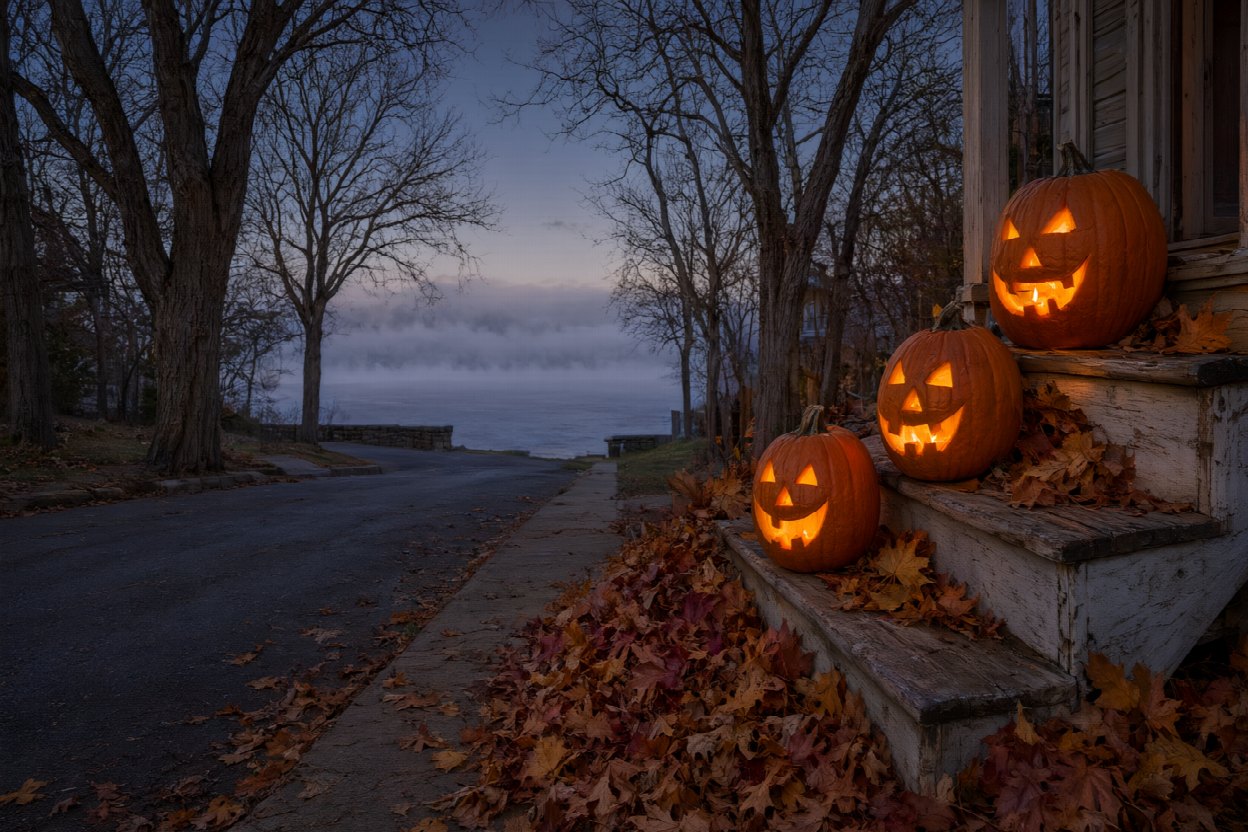 Jack-o-lanterns on wooden steps beside a misty road at dusk