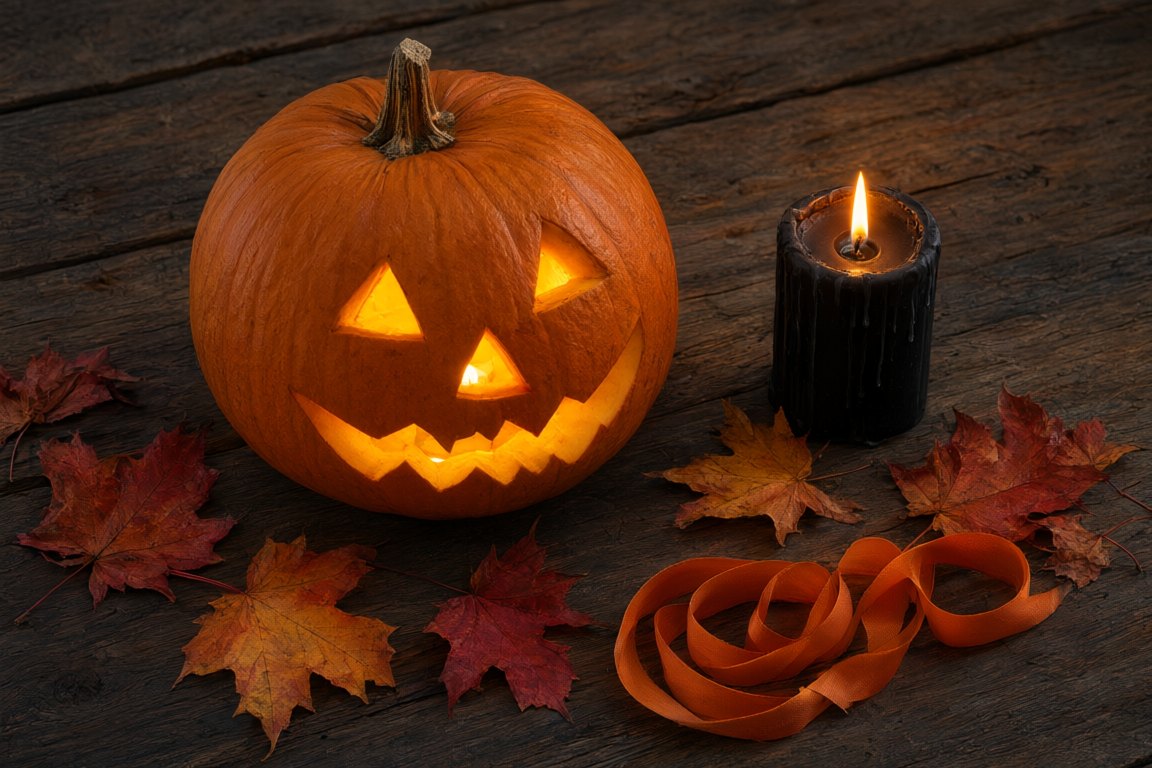 A carved jack-o-lantern glowing beside a black candle and autumn leaves