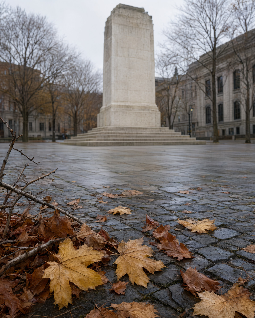 A remembrance poppy worn on a dark coat, with a wreath and civic square blurred behind it