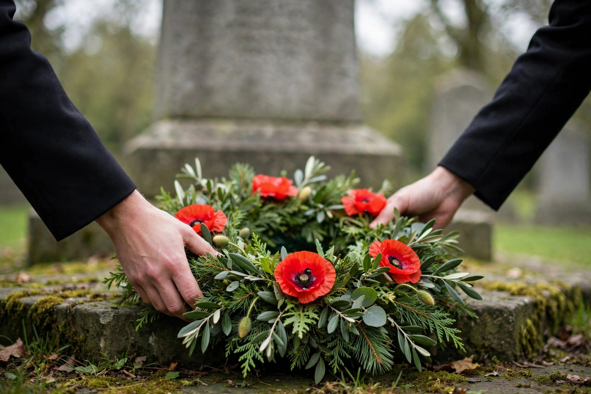 Hands laying a poppy wreath at the base of a stone memorial