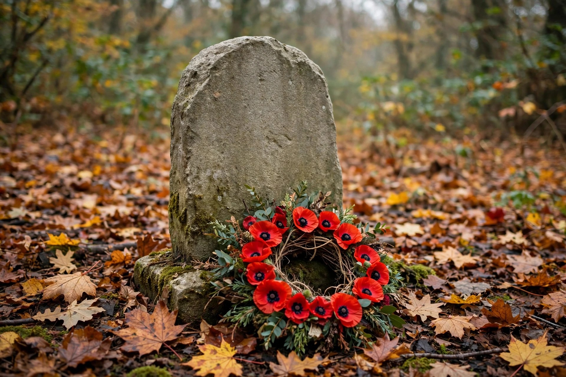 A stone epitaph with a poppy wreath at its base, no people