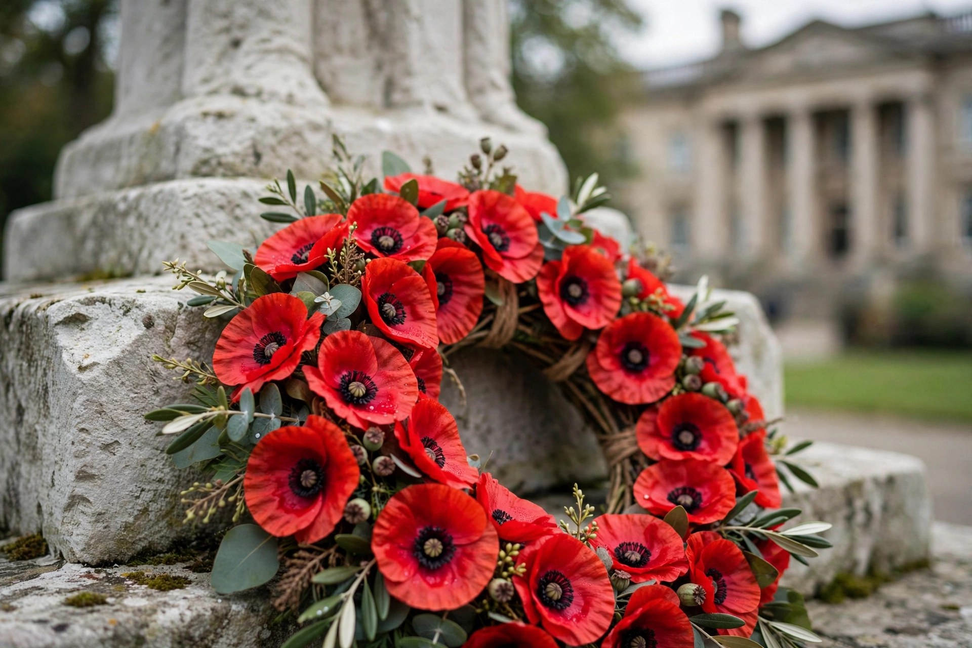 A poppy wreath against a stone memorial, with a civic building blurred in the background