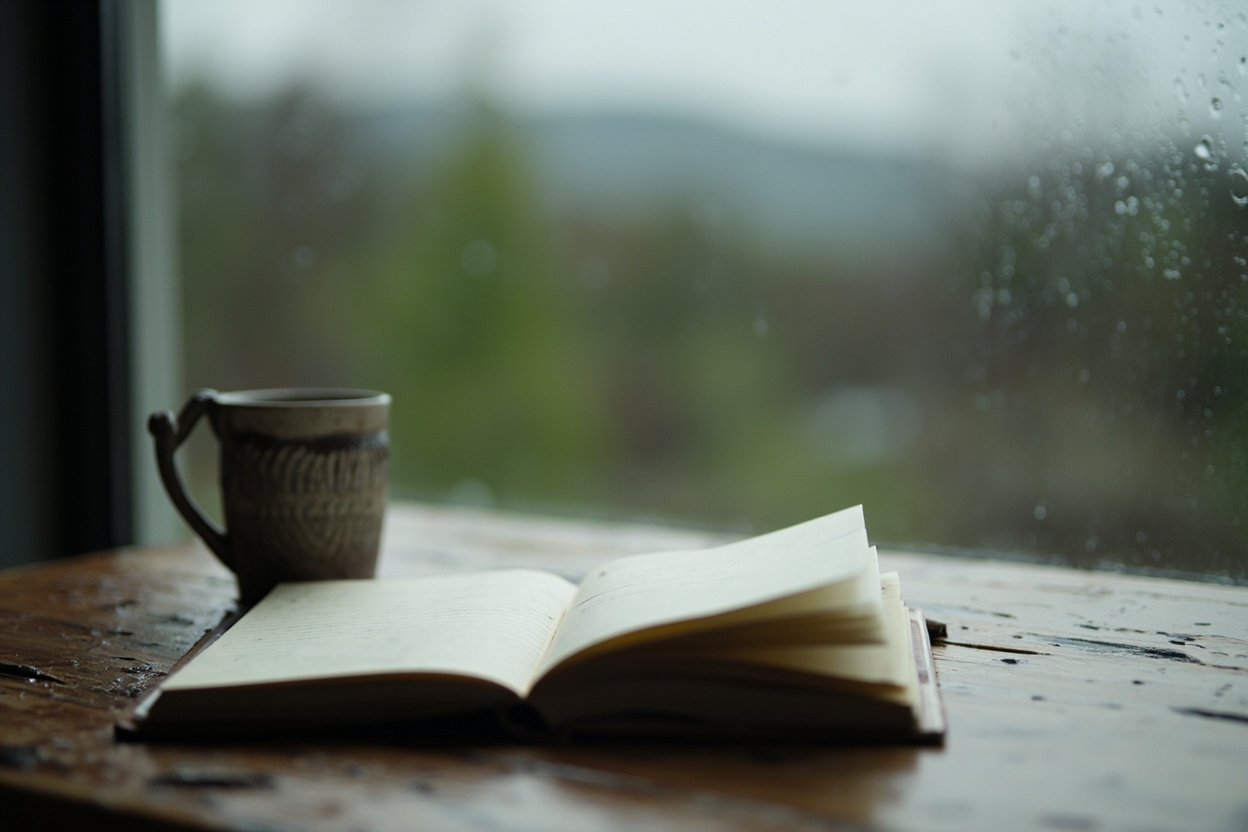 Notebook and pencil open beside a coffee mug at a rain-streaked window looking onto a wet shopping street in Pitt Meadows BC