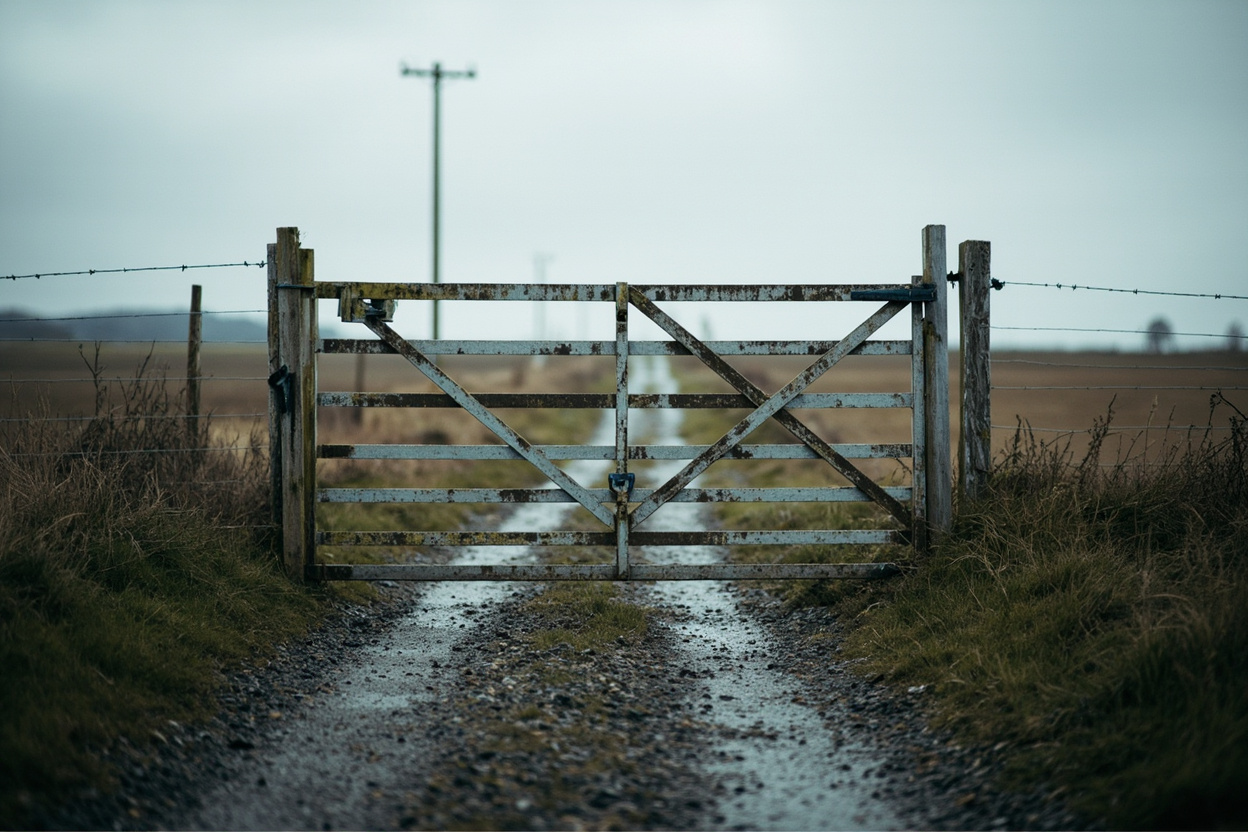 A dented brass letter slot on a painted wooden door above a rain-darkened coir doormat, the wet street behind it dissolved into grey bokeh in Pitt Meadows BC