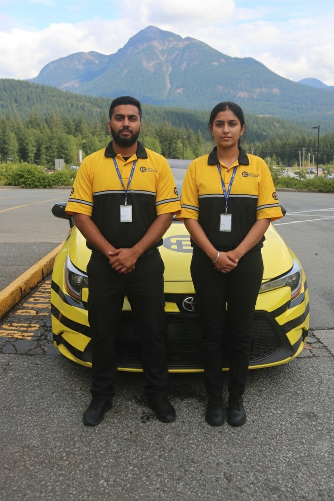 Security staff standing in front of yellow vehicle in landscape