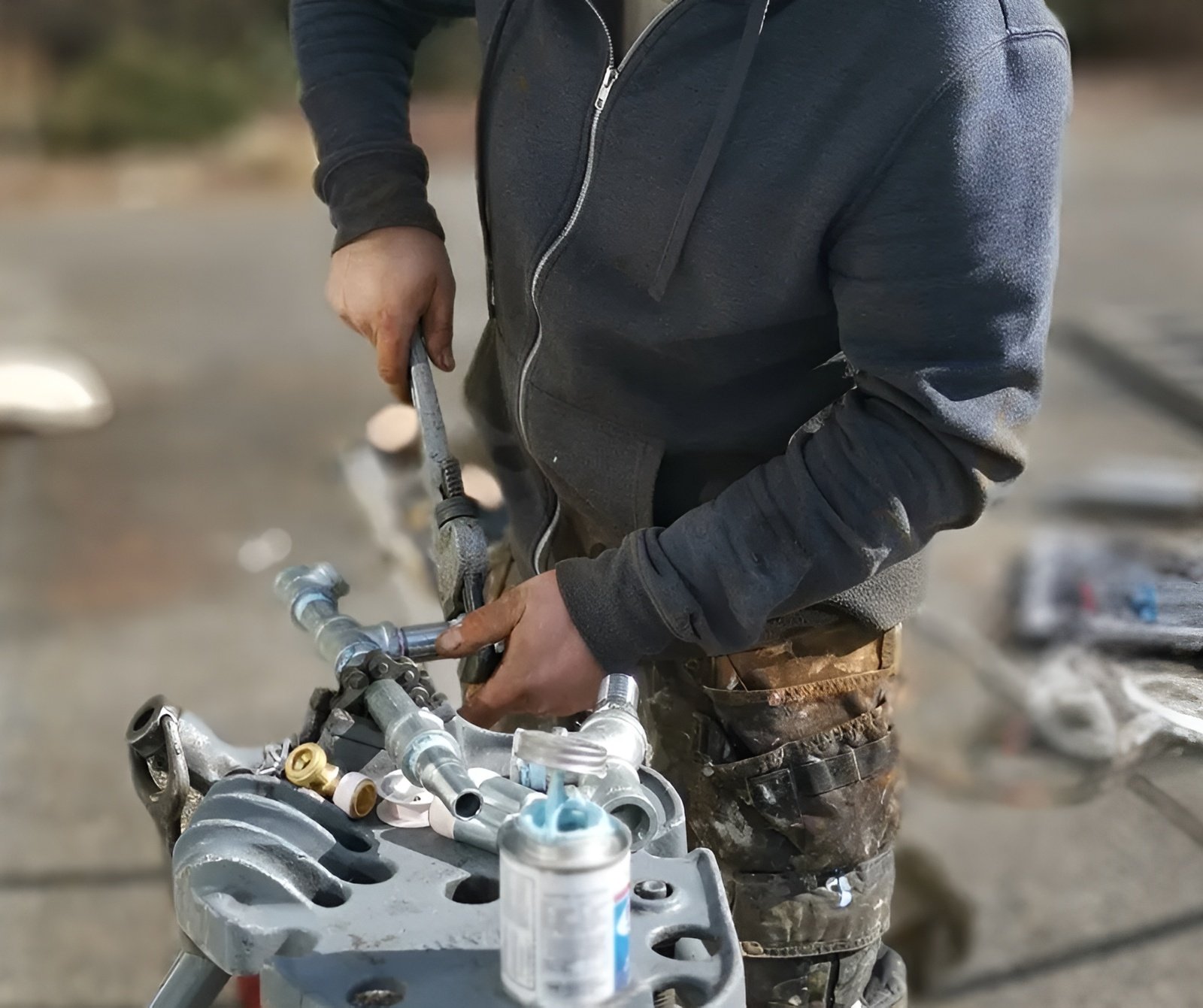 Plumber working on pipes for bathroom renovation