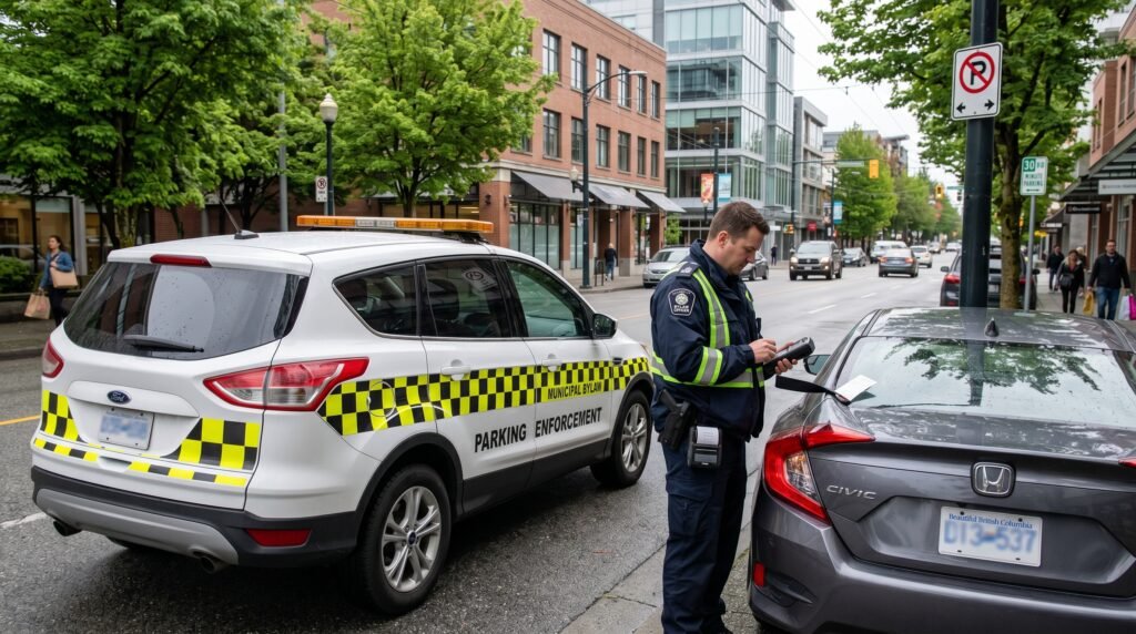 PGcom parking enforcement officer patrolling a commercial lot